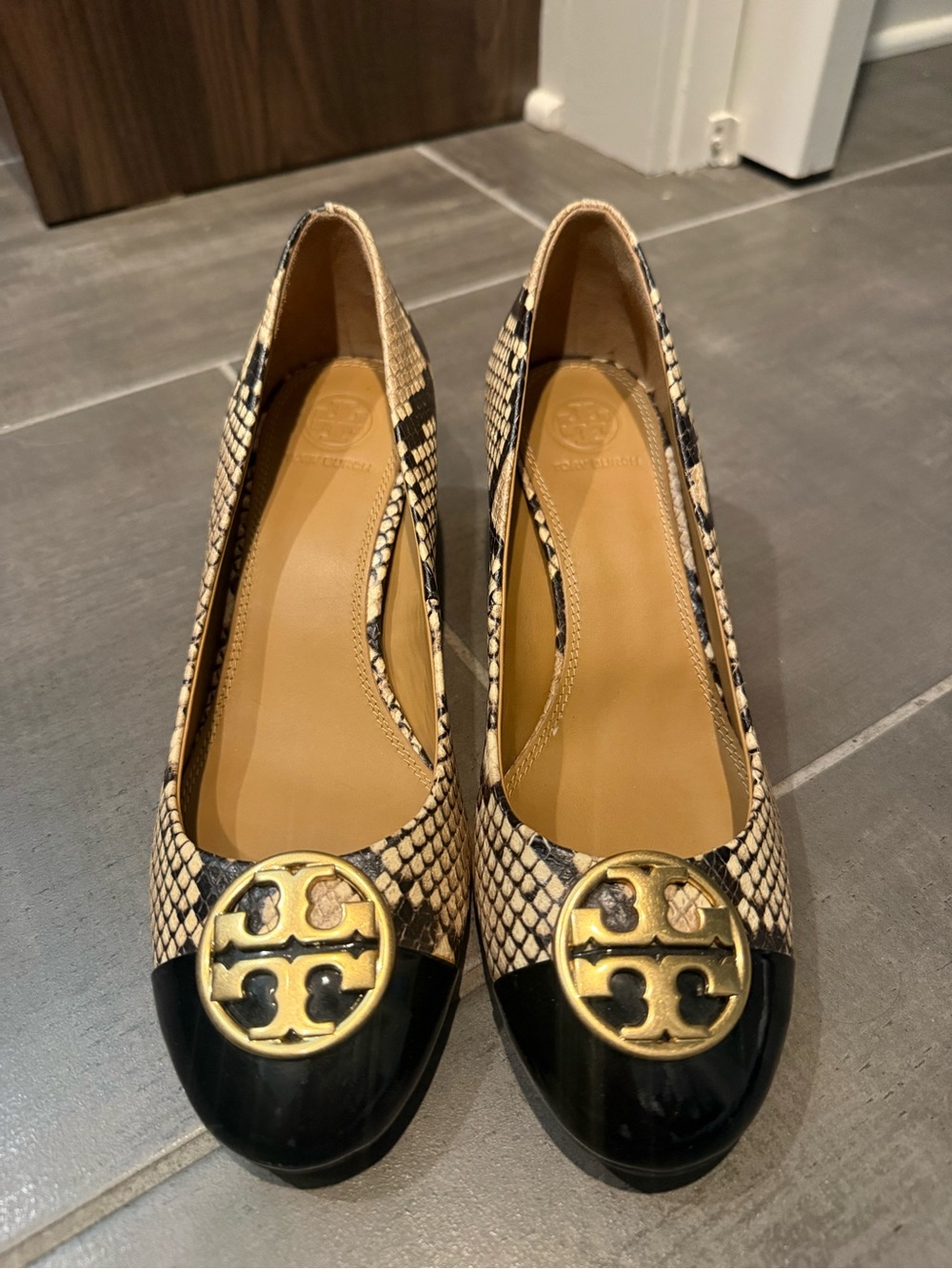 Tory Burch Snake-Print Heel with Black Patent Toe and Gold Logo